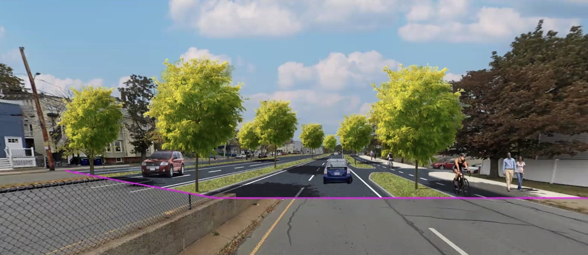 A rendering of a proposed McGrath Boulevard overlaid on an existing view of the six-lane highway near Otis Street. A pink line running horizontally through the photo separates the rendering from the existing view and shows how the roadway would be narrowed to four lanes, with the existing concrete median strip removed and replaced by a planted, tree-lined median instead. On the right side, a two-way bike path runs next to a sidewalk and another wide planted buffer strip next to the roadway.
