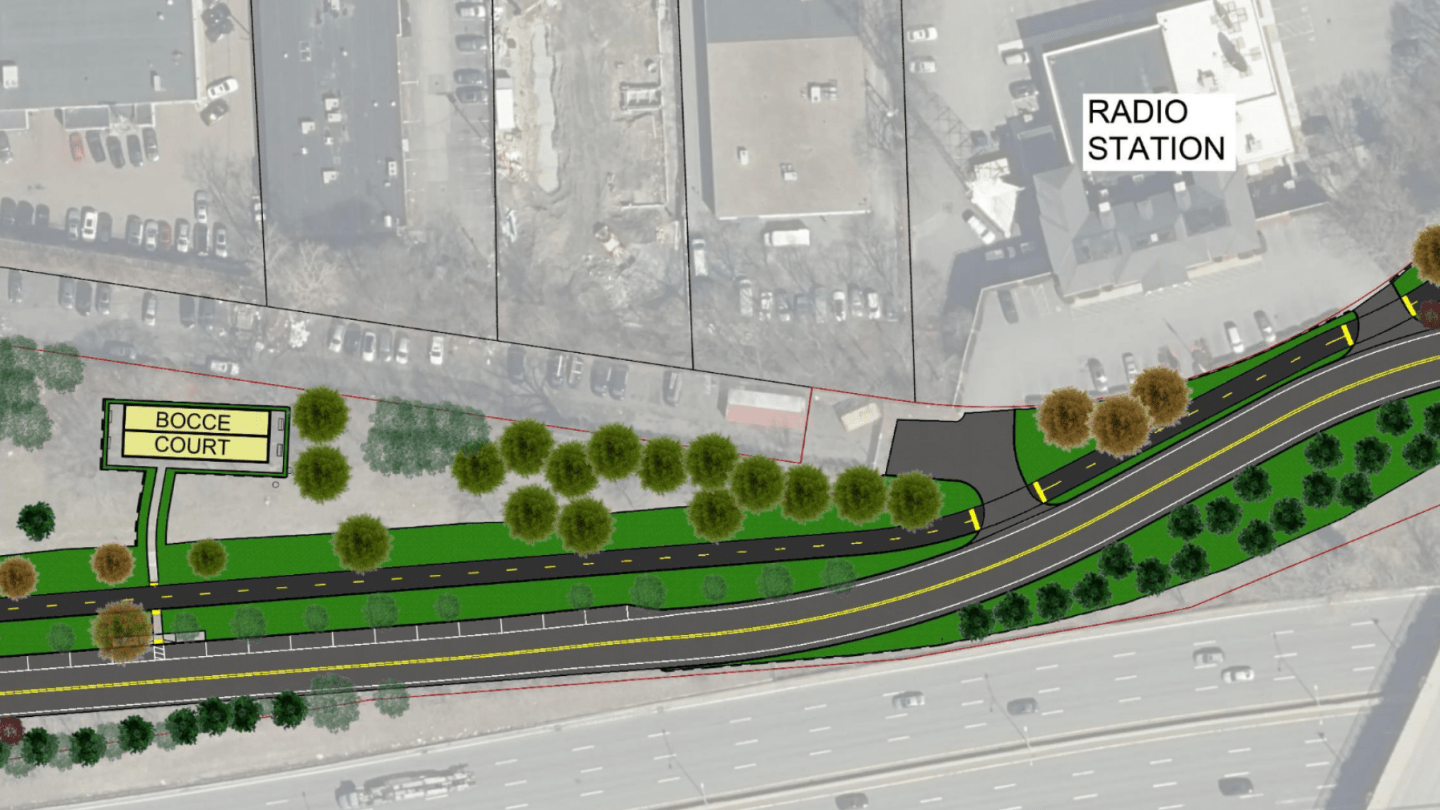 An overhead plan view of the DCR's planned new roadway in Allston-Brighton. The plan shows a two-lane road running parallel to the Mass. Turnpike (at the bottom of the image) meeting with a 4-lane Market Street (right) in a redesigned signalized intersection. A yellow area near the left side is labelled "BOCCE COURT" next to some on-street parallel parking.