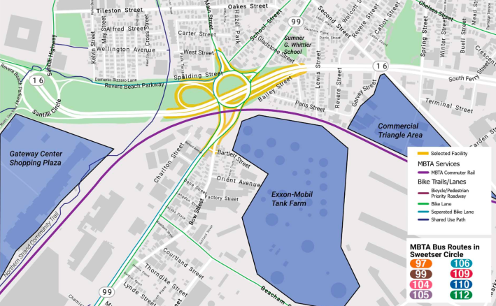 A map of the Sweetser Circle area in Everett. The circle itself is in the center of the map, and straddles the Revere Beach Parkway, a highway that crosses the center of the map horizontally (east to west). A purple line that arcs through the lower portion of the map, and passes just beneath the Circle, represents the MBTA commuter rail line. Below that, a large blue area is labelled "Exxon-Mobil tank farm," a field of abandoned oil tanks. A legend lists the eight MBTA bus routes that pass through the Circle: 97, 99, 104, 105, 106, 109, 110, and 112.