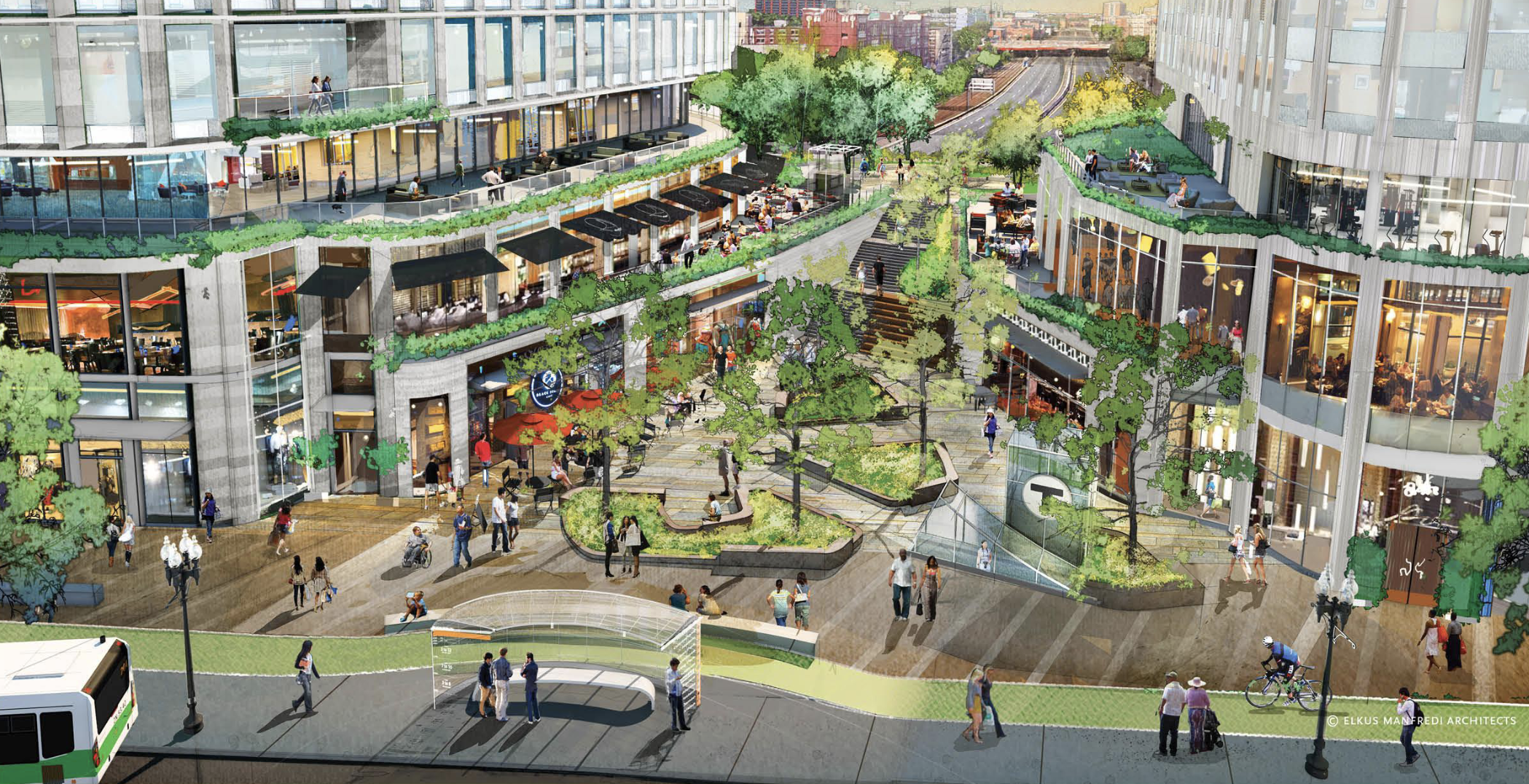 An architect's rendering of a plaza with trees and people between two tall buildings. On one side is a glass stair and elevator enclosure with the MBTA T logo. In the foreground is a bike path winding behind a glass bus shelter along the curb.
