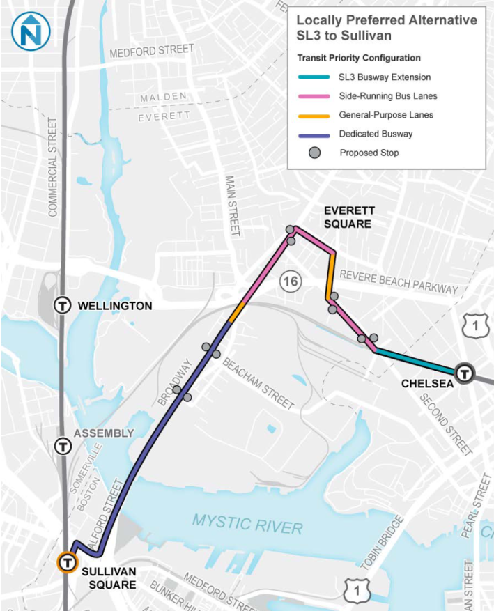 A map of Everett with the Mystic River bending around the lower and left-side of the map and Everett Square in the center. A multicolored line denotes the proposed route of the new Silver Line extension, which would begin near the existing Silver Line terminus at the Chelsea commuter rail stop (at the right edge of the map), then head west in a dedicated busway along the commuter rail line (denoted in teal) to 2nd Street in Everett, where the route would continue in side-running bus lanes to Spring Street. From there, a bent orange line segment to Everett Square denotes a mixed-traffic segment where buses would share a lane with drivers. From Everett Square, the route would proceed straight down Broadway to Sullivan Square, in the lower left corner of the map, in side-running bus lanes near Everett Square followed by another dedicated busway south of Beacham Street.