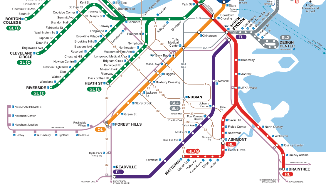 An MBTA spider map with a new purple rapid transit line replacing the Fairmount commuter rail line. The purple line runs from South Station near the center of the map to the lower right, between the Red and Orange Lines.