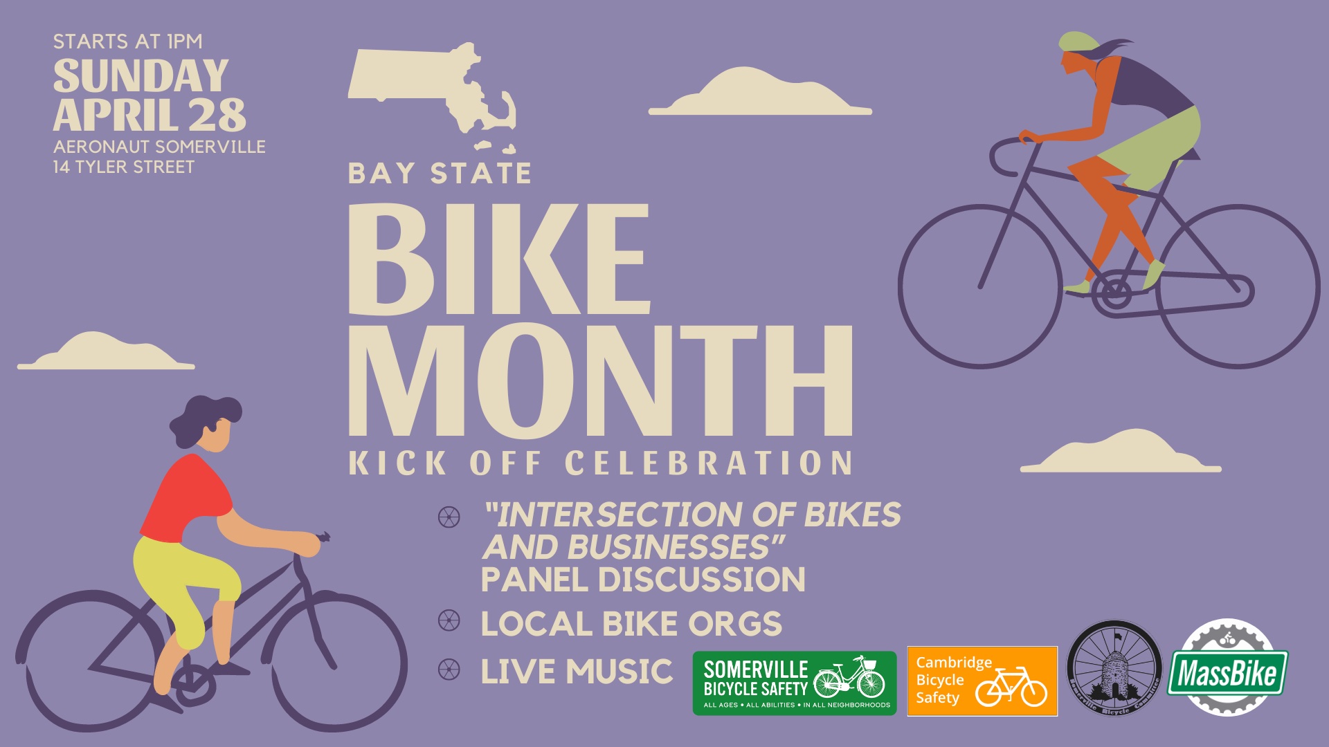 Promo image for "Bay State Bike Month Kickoff Celebration" with text on a lavender background next to drawings of people riding bikes.