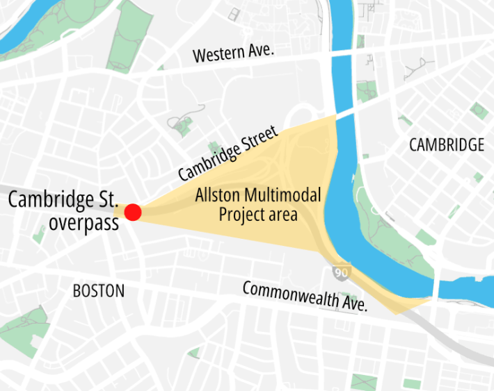 A map of the Allston neighborhood highlighting the triangular area between Cambridge St., Commonwealth Ave., and the Charles River as the Allston Multimodal Project area. A red dot at the far left edge of that triangle marks the location of the Cambridge St. overpass over I-90