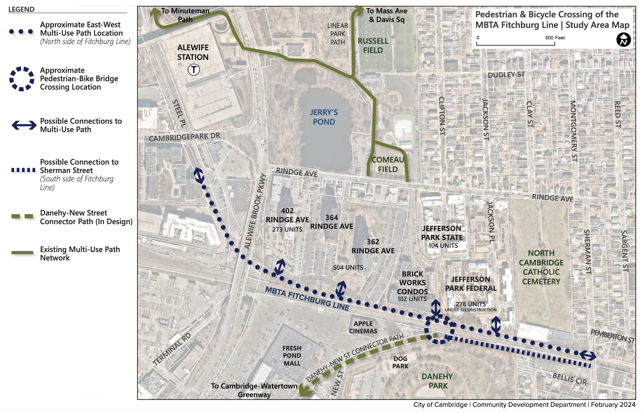 A map of the Alewife/Danehy Park area of Cambridge highlighting new off-street bike and pedestrian trail projects in the works. One dotted line represents a path along the north side of the MBTA Fitchburg Line, linking Alewife Stn. in the NW (upper left) to Sherman St. in the east (lower right) alongside several labelled apartment towers, including the Jefferson Park public housing. A second green dashed line represents a new path that would connect Danehy Park to New Street and Concord Avenue (at the bottom edge of the map). Solid green lines near the upper half of the map indicate existing paths in the Minuteman Bikeway and Mass. Central Rail Trail networks.