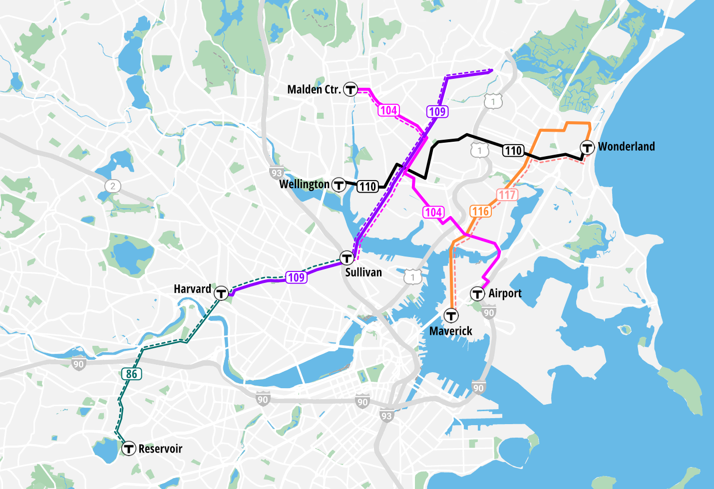 A map of the northern part of the Boston region showing proposed changes to five bus routes in Chelsea, Everett, Malden, Revere, and Somerville: the 86, in the lower left of the map, which runs between Reservoir Station and Sullivan Square today, but would be shortened to end at Harvard Square in the future; the proposed "frequent-service" 109, which runs through Everett to Sullivan today, and would extend to Harvard in the future to pick up the discontinued segment of the 86; the frequent-service 116, between Maverick and Wonderland, the frequent-service 104, between Airport and Malden Center, and the frequent-service 110, between Wellington and Wonderland.