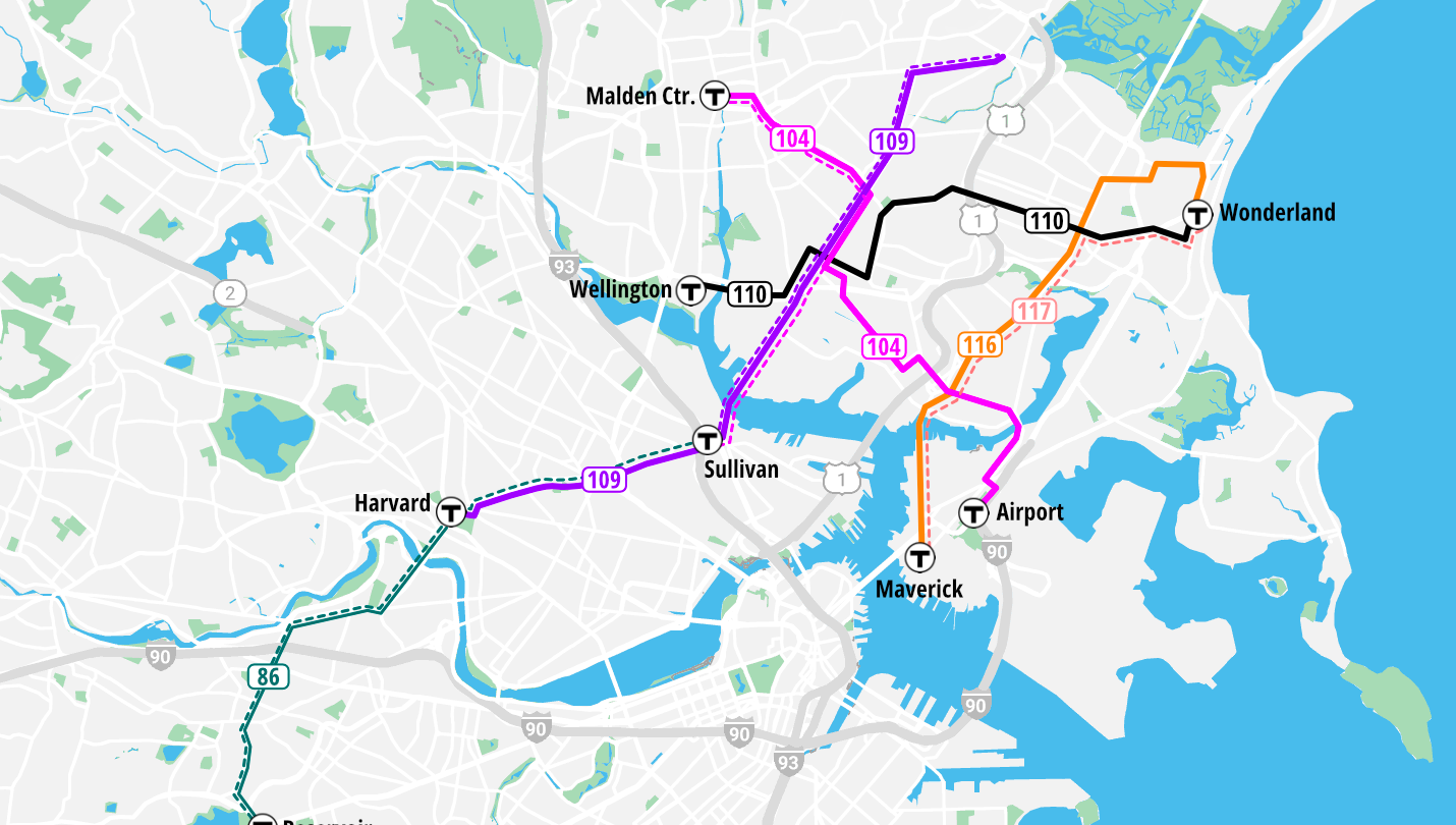A map of the northern part of the Boston region showing proposed changes to five bus routes in Chelsea, Everett, Malden, Revere, and Somerville: the 86, in the lower left of the map, which runs between Reservoir Station and Sullivan Square today, but would be shortened to end at Harvard Square in the future; the proposed "frequent-service" 109, which runs through Everett to Sullivan today, and would extend to Harvard in the future to pick up the discontinued segment of the 86; the frequent-service 116, between Maverick and Wonderland, the frequent-service 104, between Airport and Malden Center, and the frequent-service 110, between Wellington and Wonderland.