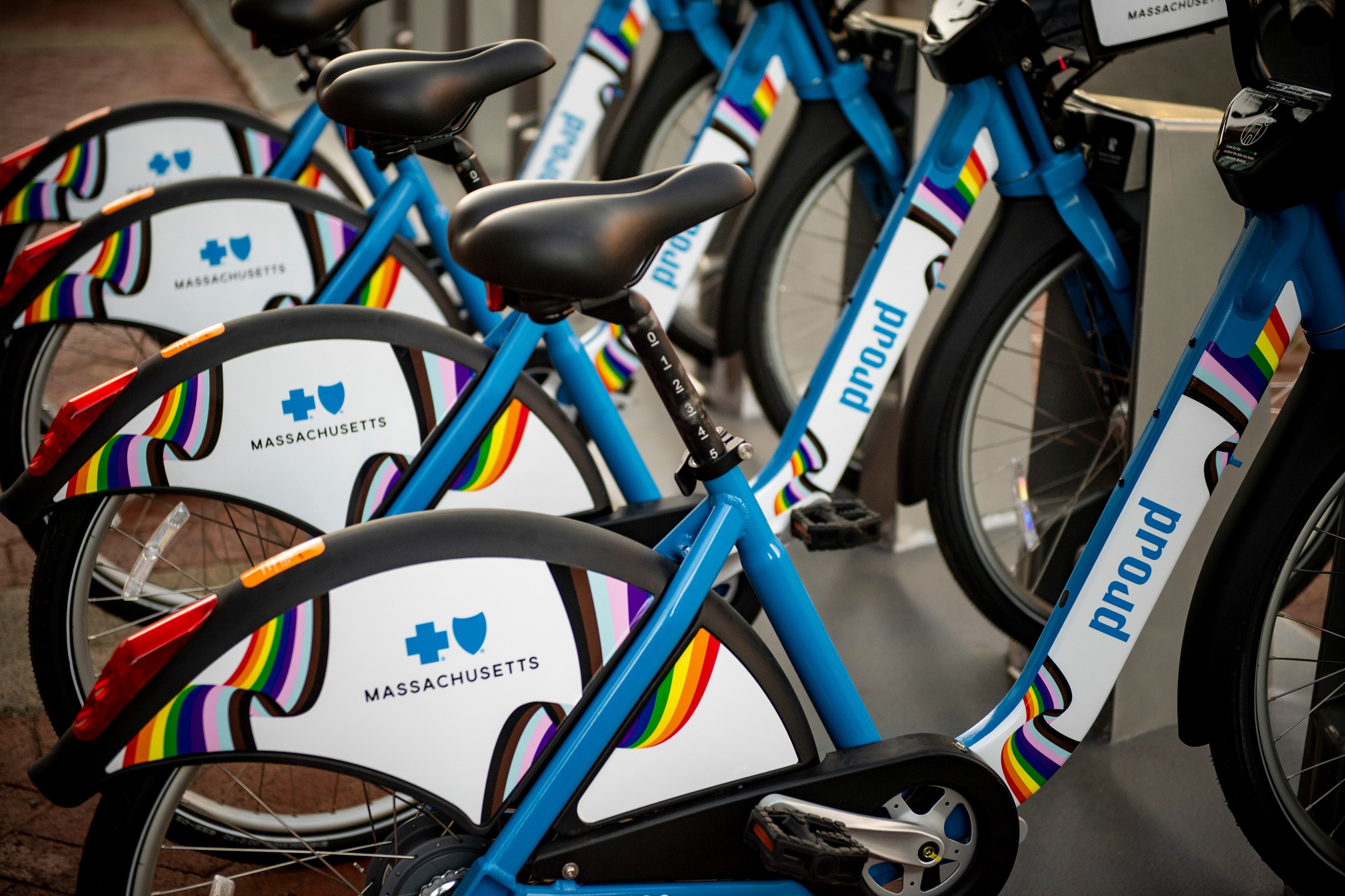 A row of parked Bluebikes showing a rainbow-themed Pride decorations on the rear fenders and downtube of each bike.