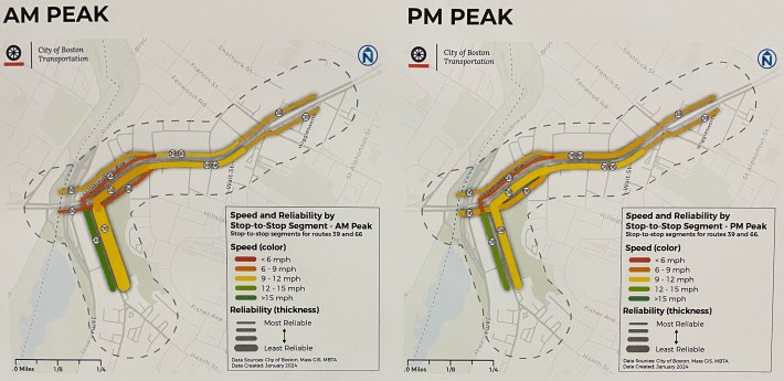 Thick red and yellow lines indicate high levels of bus delay for the 66 and 39 MBTA bus routes, particularly at the corner of Huntington and South Huntington Avenues.