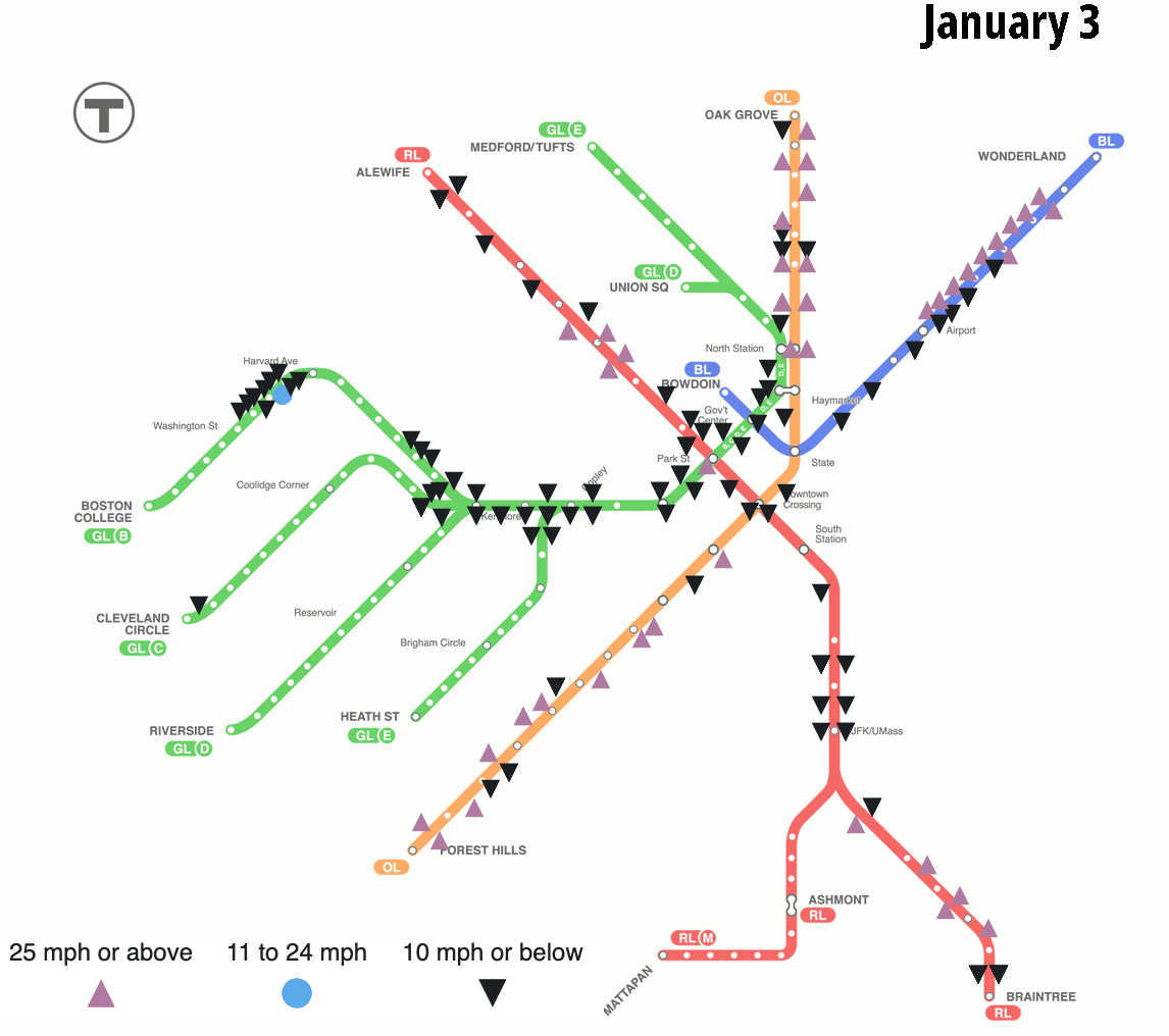 An animated GIF shows how slow zones, marked with icons across the MBTA system map, have steadily been disappearing month by month. The most recent frame shows May 1, when all of the slow zone icons on the Blue Line have disappeared.