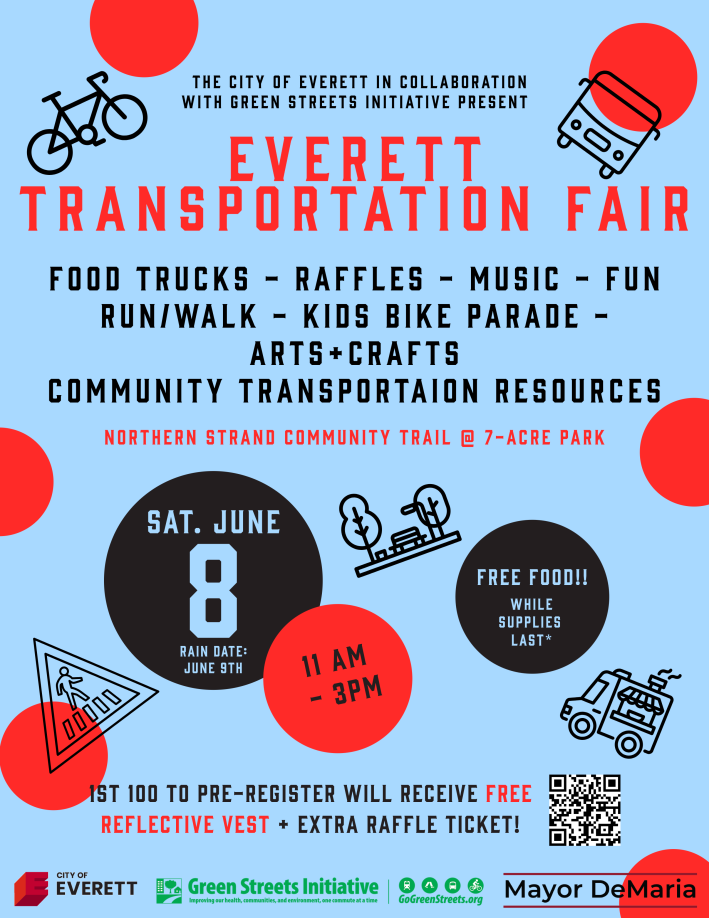 Everett Transportation Fair event flyer, light blue background with images of a bike, a bus, a food truck, and trees. The text in the image outlines the details of the event, which are also included in the article below.