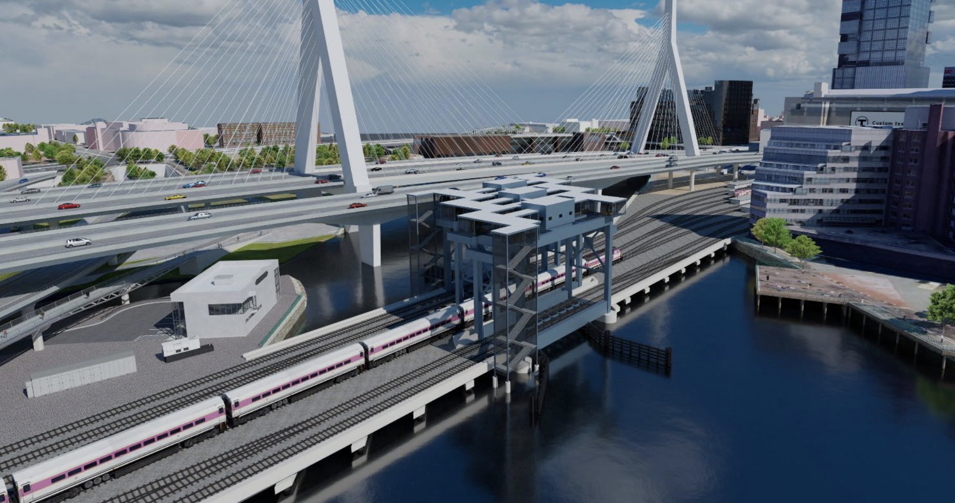 A bird's eye view illustration of a railroad draw bridge with the Zakim Bridge in the background.