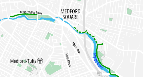 Locator map of Medford, MA, showing the Mystic River paths and the Clippership Connector, which runs southeast of Medford Square.