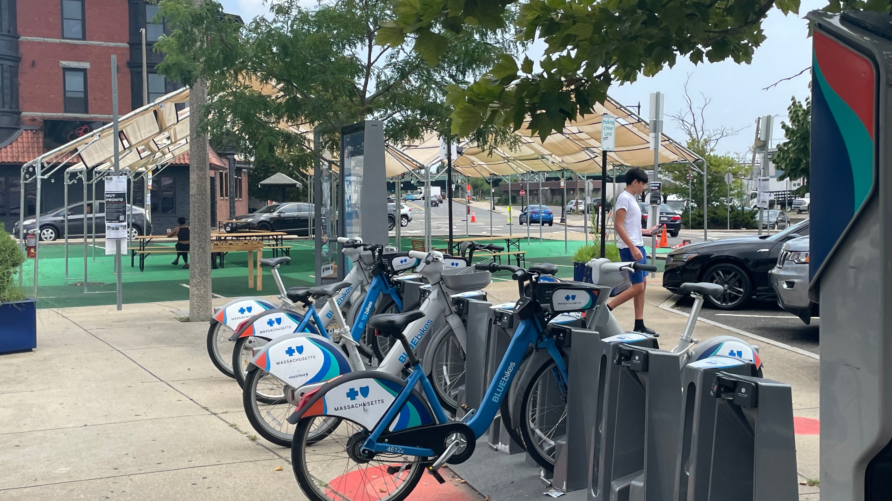 Bikes at a bikesharing dock under the shade of a tree, with a tent visible in the background.