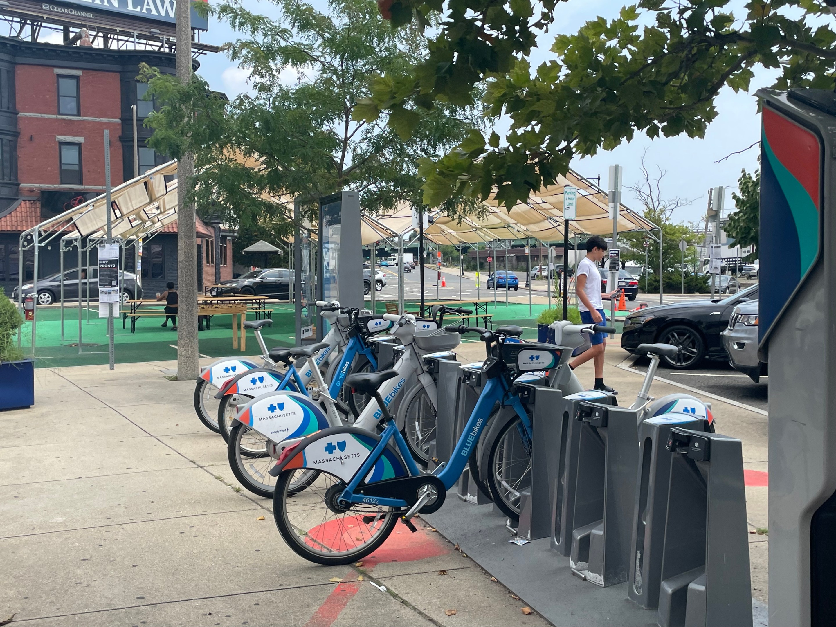 Bikes at a bikesharing dock under the shade of a tree, with a tent visible in the background.