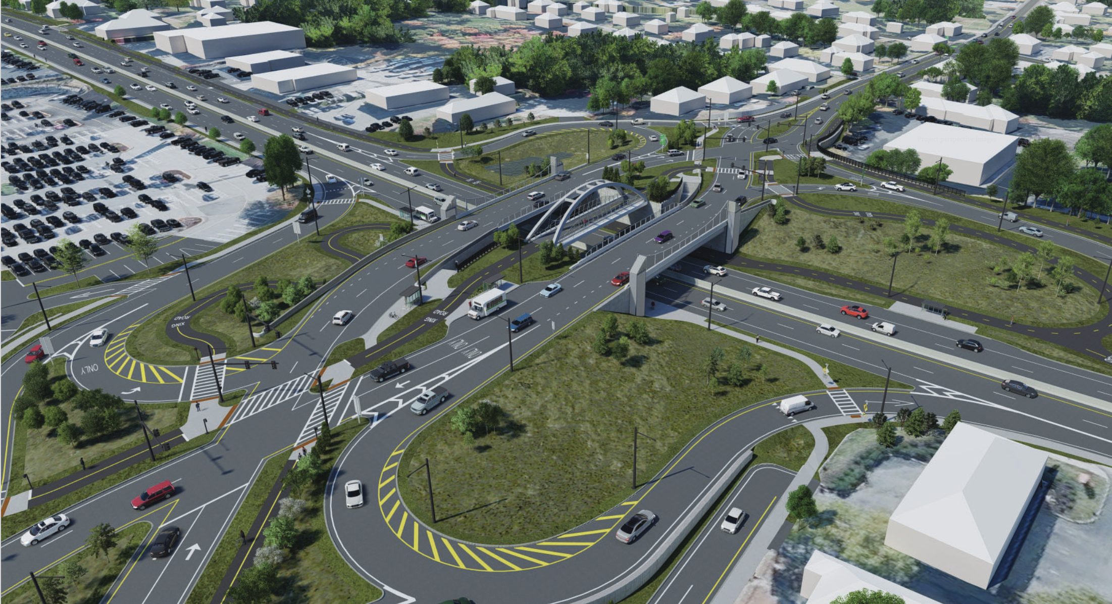 A rendering of a complex cloverleaf intersection over a four-lane highway lined with parking lots and strip malls. The interchange features three bridges over the highway, two for motor vehicles and a smaller middle bridge for bikes and pedestrians, with intersections on either side.