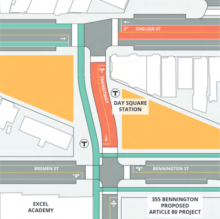 A sketch map showing a proposed dedicated transitway through the center of Day Square, running between two triangular plazas (in yellow) where Bennington Street currently cuts diagonally across East Boston's street grid. At the top of the image is Chelsea Street, at the bottom is Bremen Street.