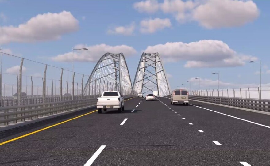 A rendering of a multi-lane freeway with two bridge arches in the distance.