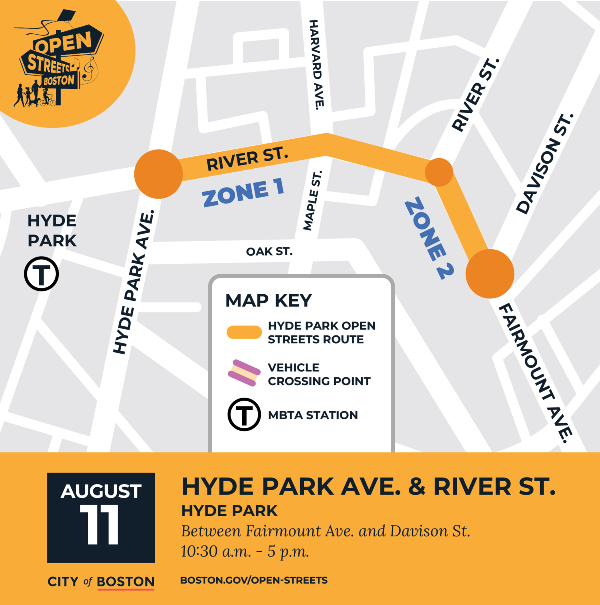 A stylized map of the Hyde Park nieghborhood highlighting a segment of River St. and Fairmount Ave. (center), the site of the Aug. 11 Open Streets event