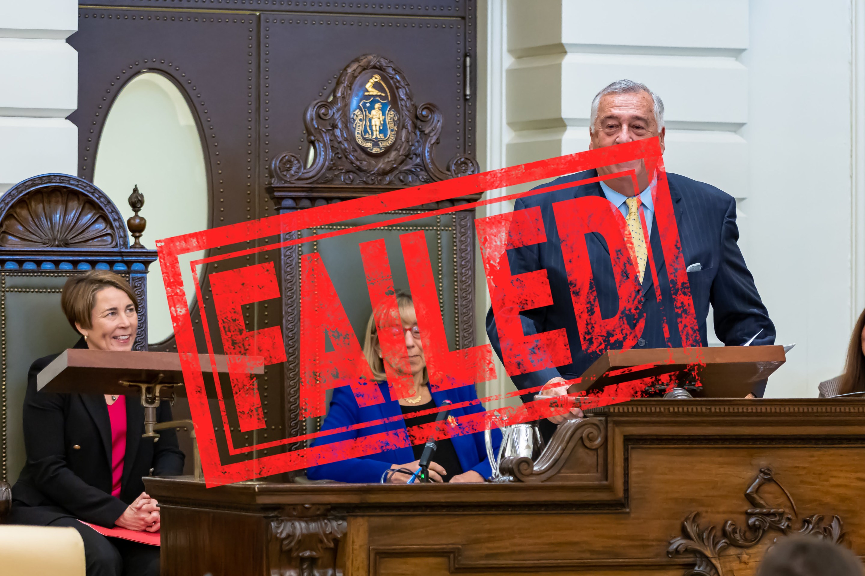 A photo of three lawmakers in suits at the dias of the State House, with a "FAILED" stamp superimposed over their faces