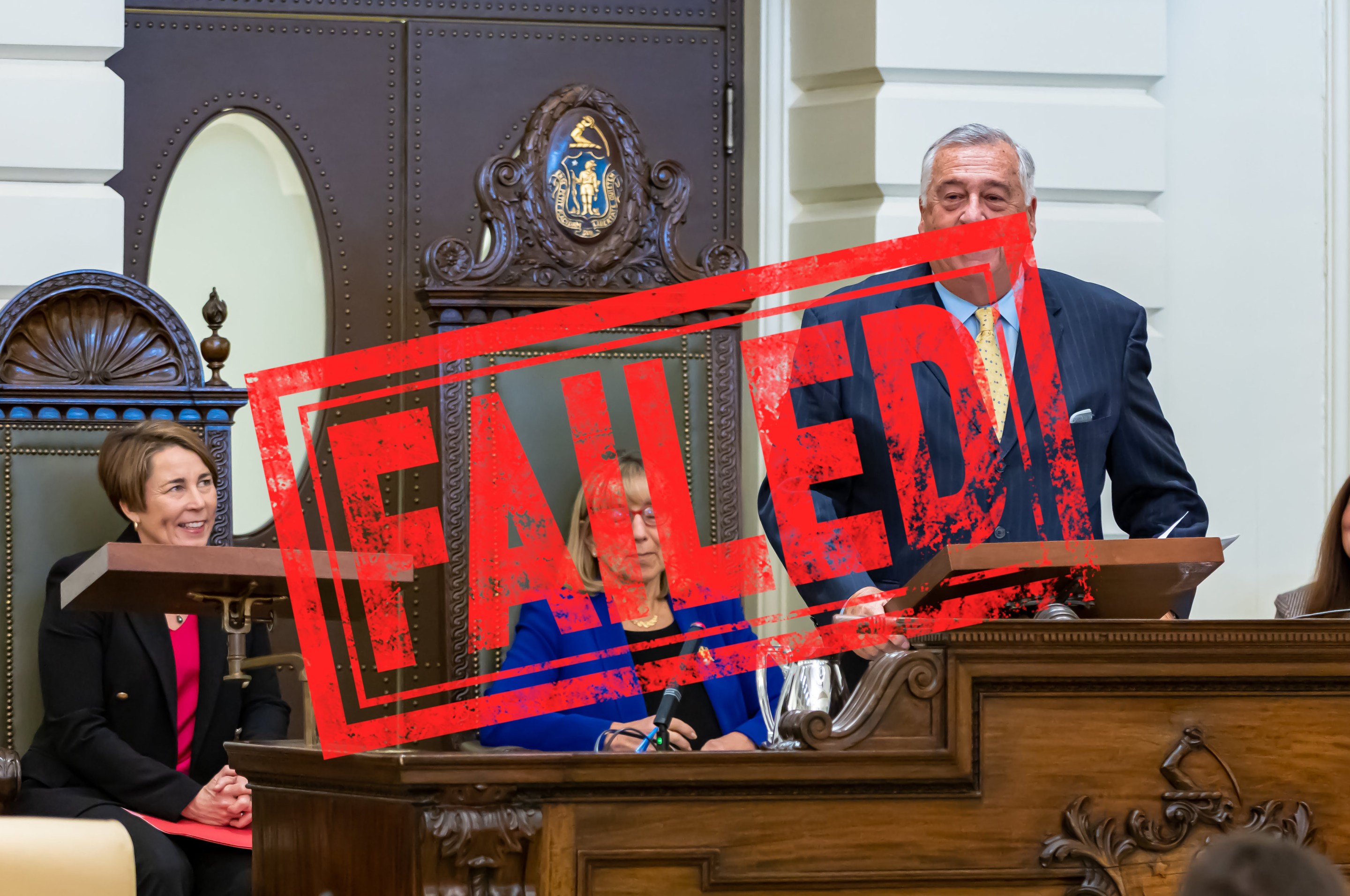 A photo of three lawmakers in suits at the dias of the State House, with a "FAILED" stamp superimposed over their faces