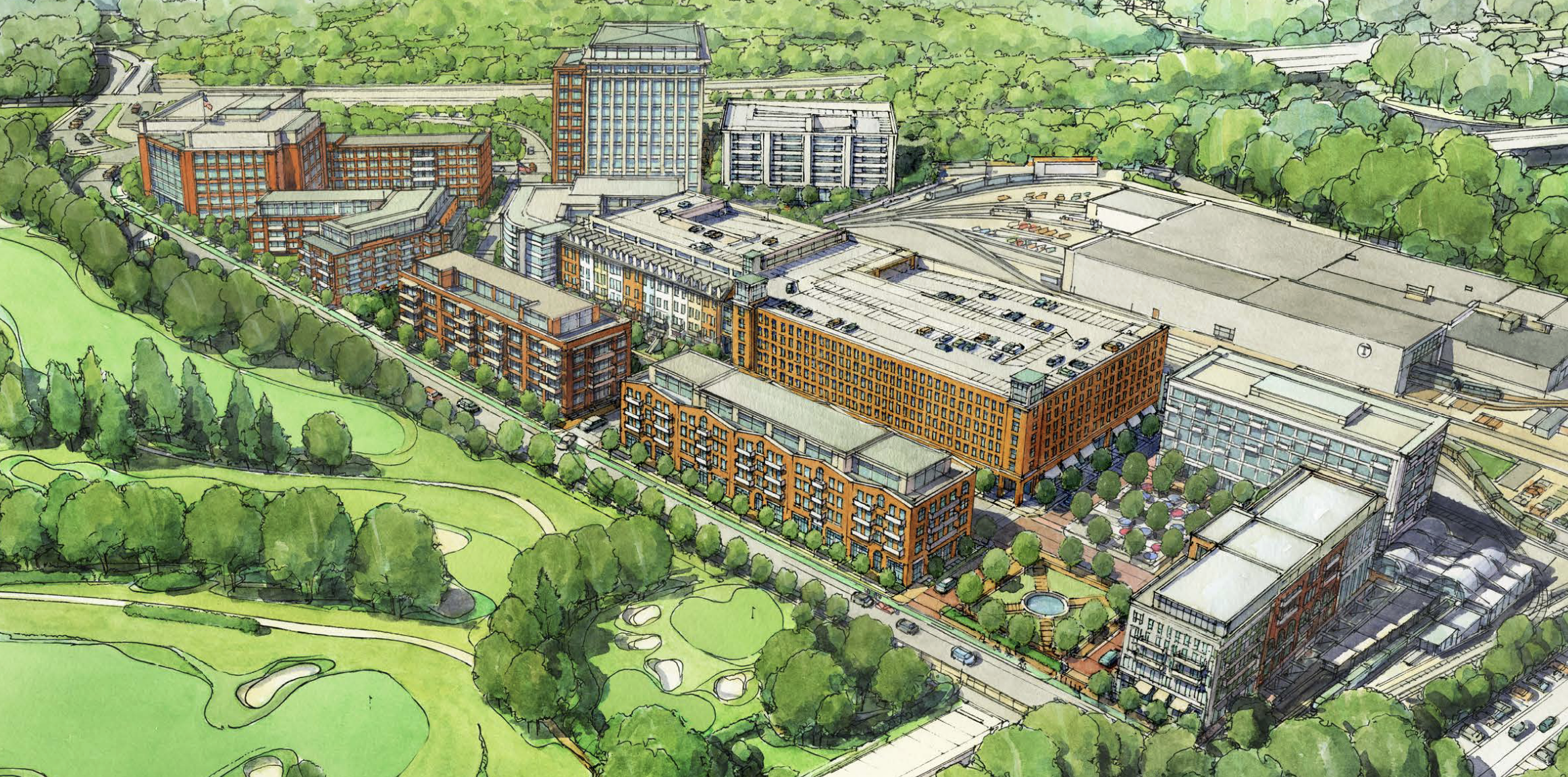 A rendering of a large mixed-use development consisting of several multi-story buildings. In the left foreground is a golf course; in the bottom-right corner is the Riverside MBTA Green Line station, and in the upper right is a large rail yard for Green Line trains.