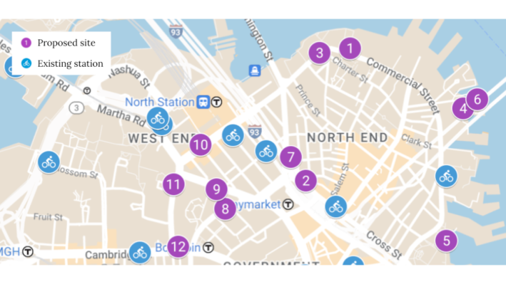 A map of downtown Boston highlighting existing Bluebikes docks and possible locations for new stations, illustrated as numbered dots on the map.