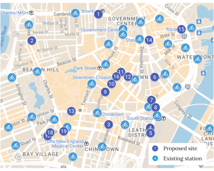 A map of downtown Boston highlighting existing Bluebikes docks and possible locations for new stations, illustrated as numbered dots on the map.