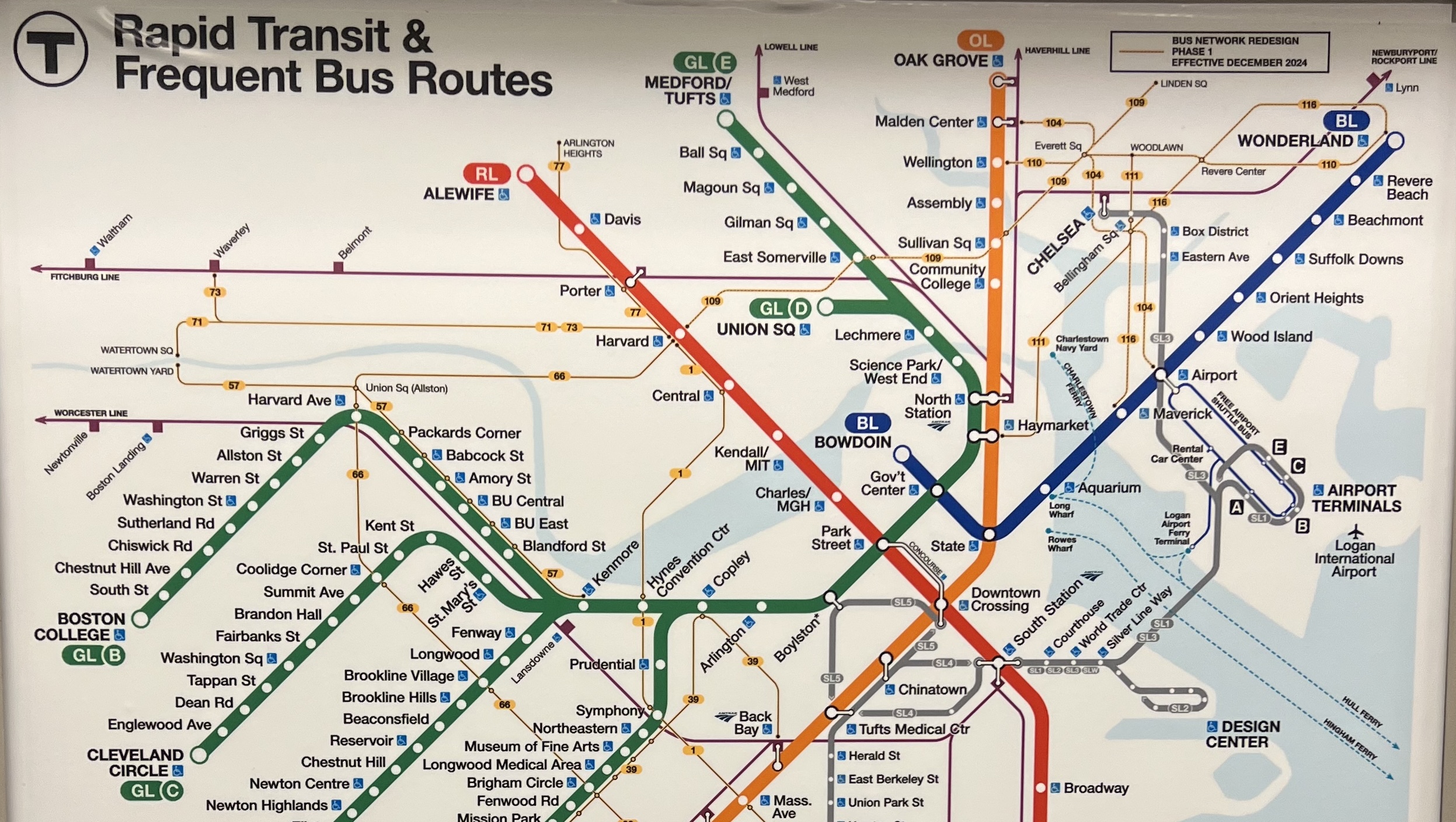 An MBTA subway map that includes lighter yellow lines showing the new "frequent Service" bus routes