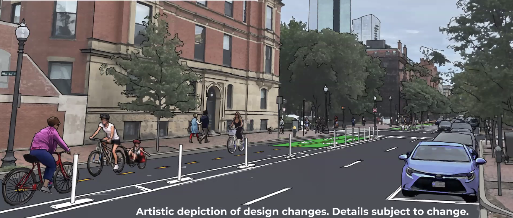 A rendering of a street with a two-way protected bike way on the other side. In the distance are some trees and beyond that is the Hancock Tower skyscraper.