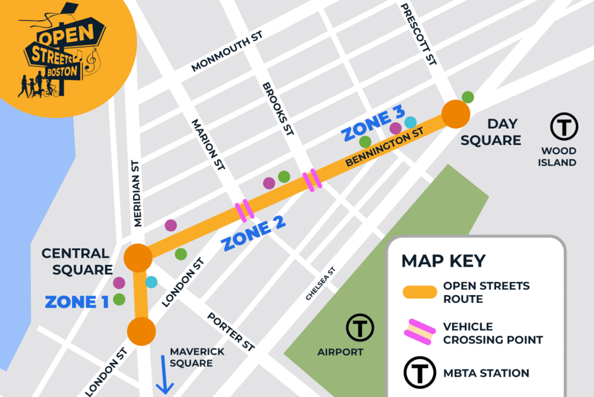 A map of East Boston showing the Sept. 15 open streets route, which follows a dogleg from Maverick Sq. in the lower left to Central Sq. in the center-left, then to Day Square in the upper right.