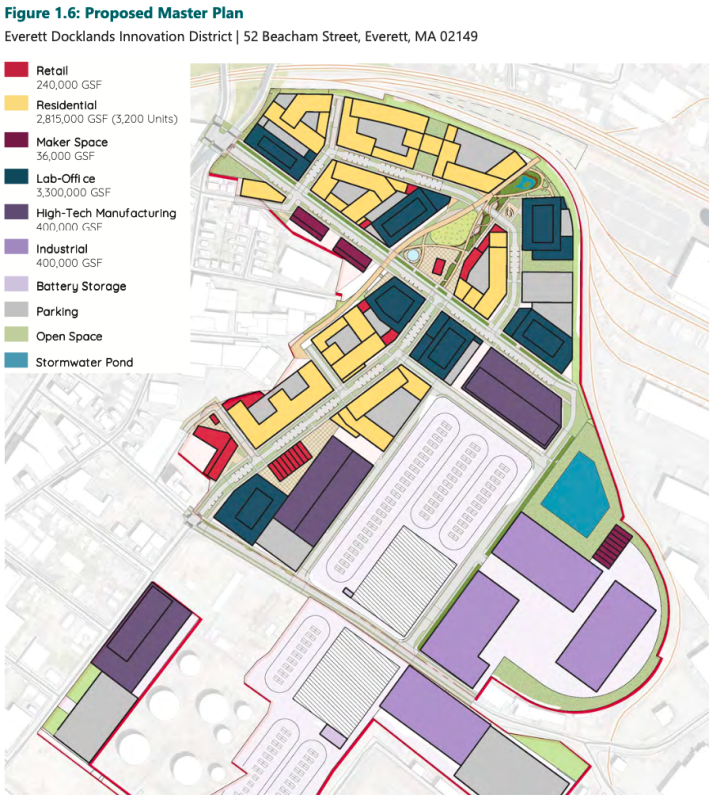 A "proposed master plan" map of the Everett Docklands Innovation District. At the top of the map is the MBTA Newburyport-Rockport Line, and to the left is Broadway. Yellow shapes near the top and center-left of the map denote proposed new housing, while purple shapes in the center and bottom parts of the map denote new offices and manufacturing spaces.