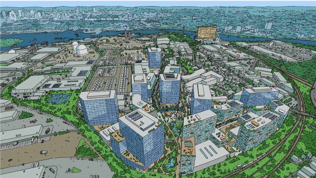 A bird's-eye view sketch of a new city neighborhood with high-rise buildings next to a rail line (right) and low warehouses and industrial buildings to the left. In the distance is a broad river running left-to-right.