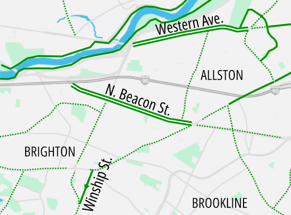 A map of the Allston and Brighton neighborhoods in Boston. Charles River runs near the top (north) edge of the map and Brookline is in the lower right (SE). The map highlights bike routes in the neighborhood and three streets are highlighted: Western Ave. near the top of the map, running parallel to the river, North Beacon St. near the center, running east to west, and Winship Street in the lower left.