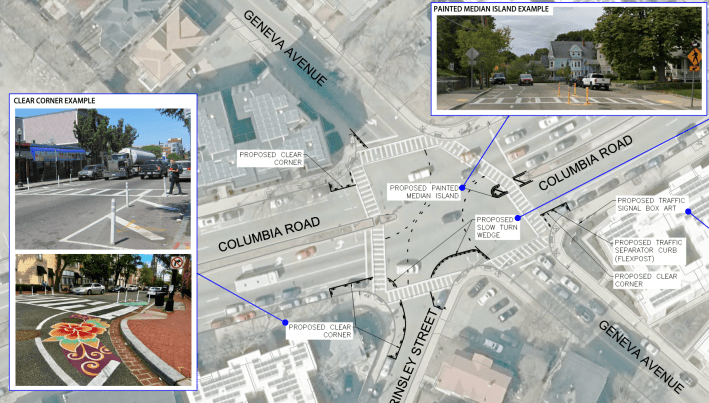 An overhead view of a broad intersection where five streets converge in a star pattern. The largest street in the center, running left to right, is labelled "Columbia Road." A smaller 3-lane street labelled Geneva Ave. runs diagonally from upper left to lower right. An even smaller street labeled Binsley Street enters from the bottom corner and ends at the intersection. Dotted lines drawn on the overhead image indicate new temporary delineators that will make the corners tighter and somewhat separate the Binsley Street intersection from the southern Geneva Ave. intersection.