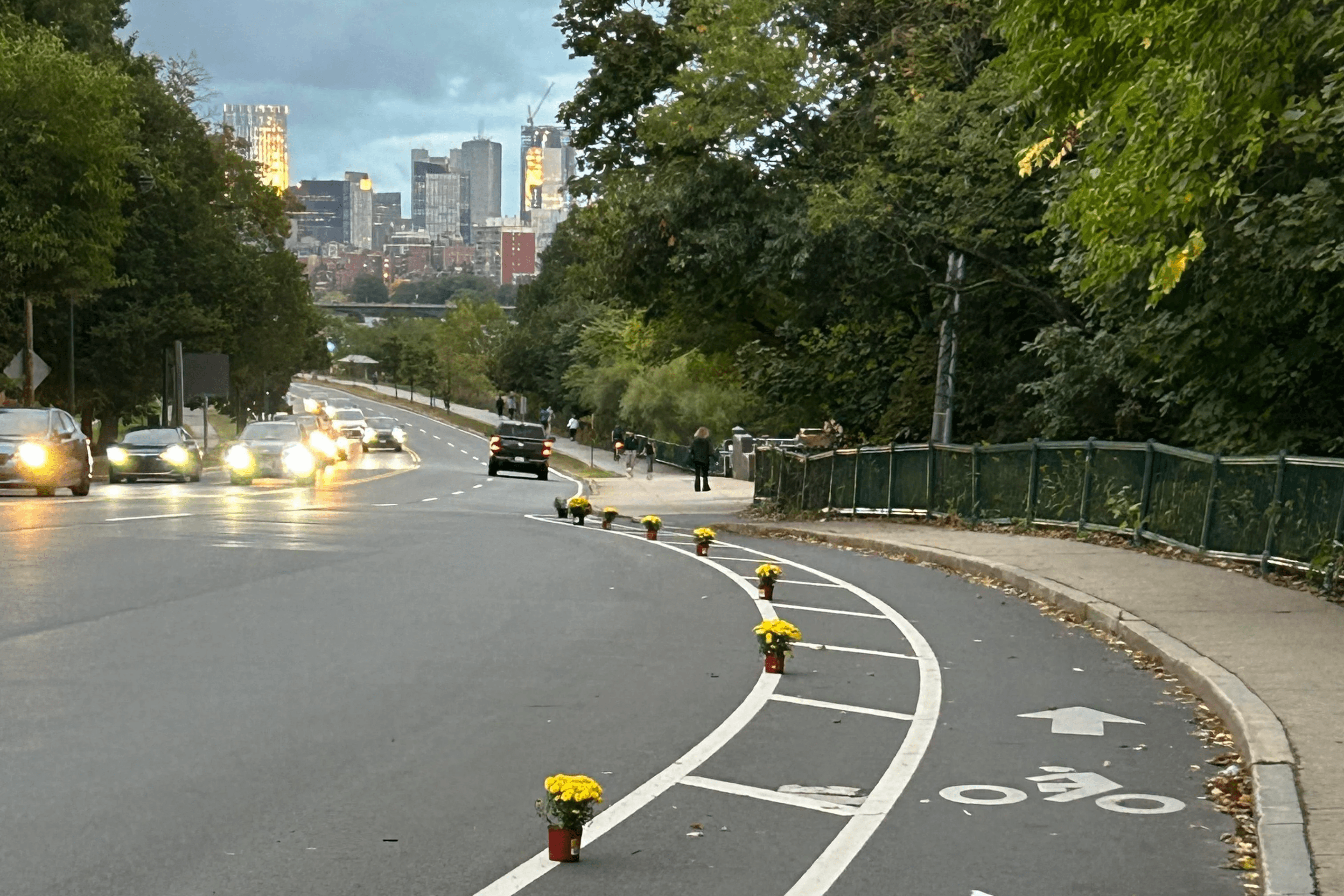 Pots of flowers line the edge of a bike lane alongside a wide multi-lane highway lined with trees. In the distance the skyscrapers of downtown Boston are visible on the horizon.