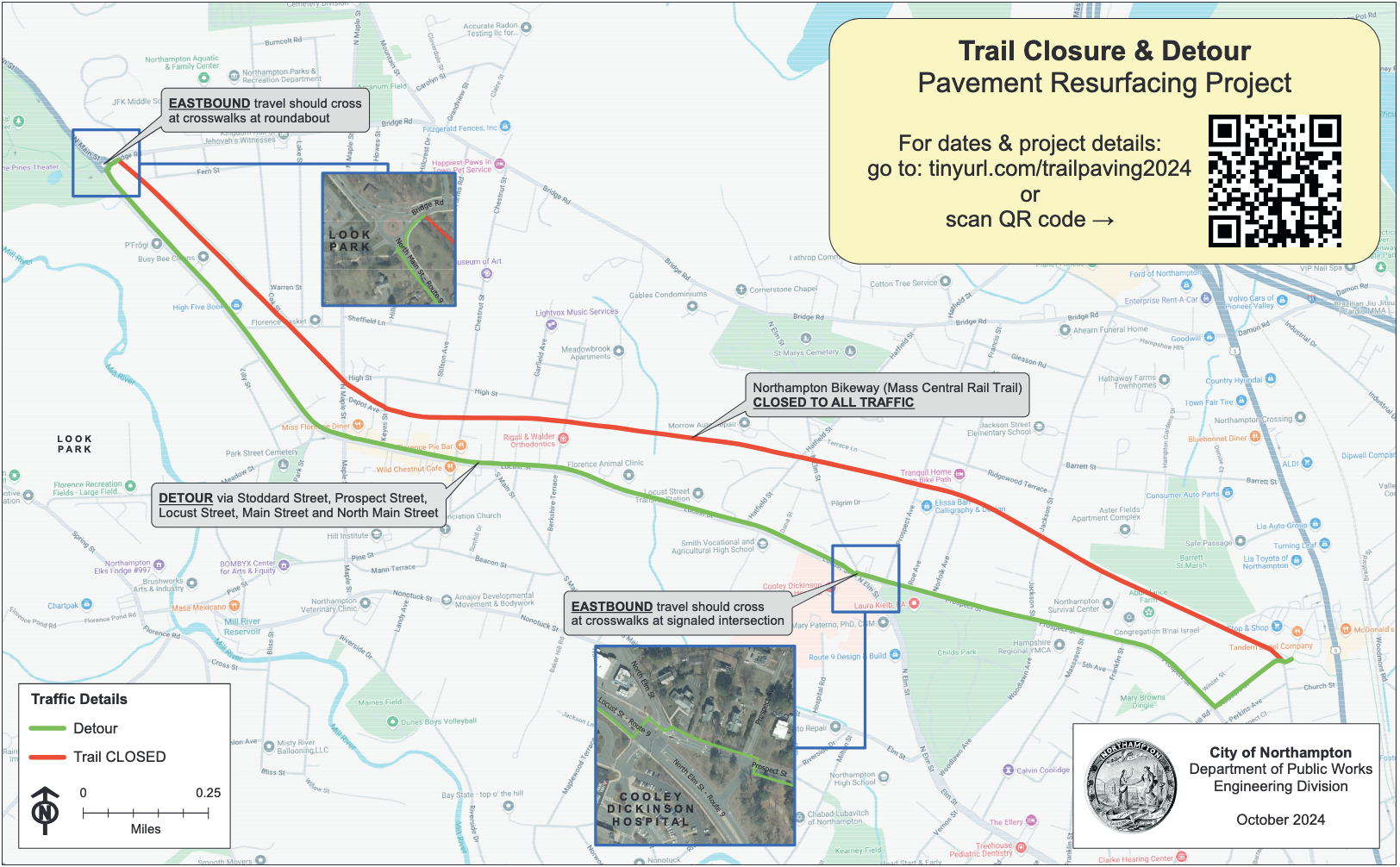 A map of the Northampton Bikeway in the northwest of the City of Northampton, along with a parallel detour route along N. Main and Main Street in the west, near the village of Florence; Locust Street in the center, and Prospect St. in the east, near downtown Northampton (which is in the lower right corner of the map)