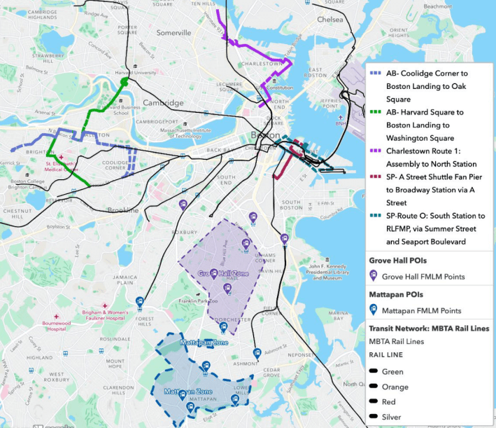 A map of Boston highlighting MBTA rapid transit lines and proposed new shuttle routes and microtransit zones. Two routes would serve Allston and Brighton, one would connect Sullivan Square and downtown Boston via Charlestown, and two more would serve the Seaport neighborhood. Additionally, two "microtransit" service areas are shown in the southern part of the city, around Grove Hall northeast of Franklin Park, and in Mattapan. Markers on the map around those zones are labelled "FMLM points" for first-mile-last-mile connections to transit stops.