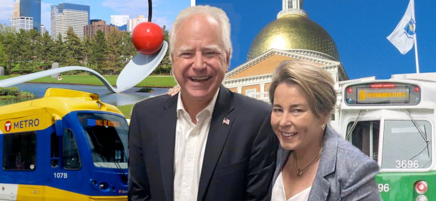 A middle-aged man in a suit smiles next to a woman in a gray blazer. Behind them is a photo montage of light rail vehicles from Minneapolis and a Green Line train from Boston.