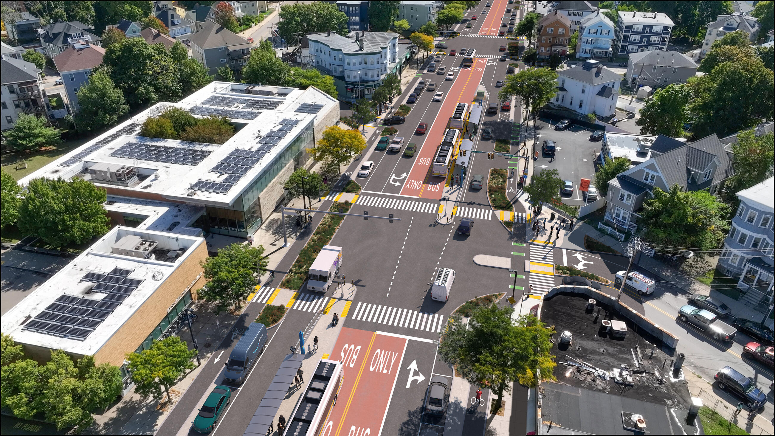 A rendering of a wide street from a birds-eye perspective. The center of the street features a red dedicated busway, with two lanes (one in each direction) separated from adjacent traffic with landscaped medians and bus stop waiting area platforms. General motor vehicle traffic is confined to 1-2 lanes on either side of the busway. Along the sidewalks are green dedicated bike lanes, which are generally separated from the adjacent car lanes by gardens surrounded by curbs. A label in the upper left denotes the Mattapan Branch of the Boston Public Library, and another label denotes the intersecting street as Walk Hill St.