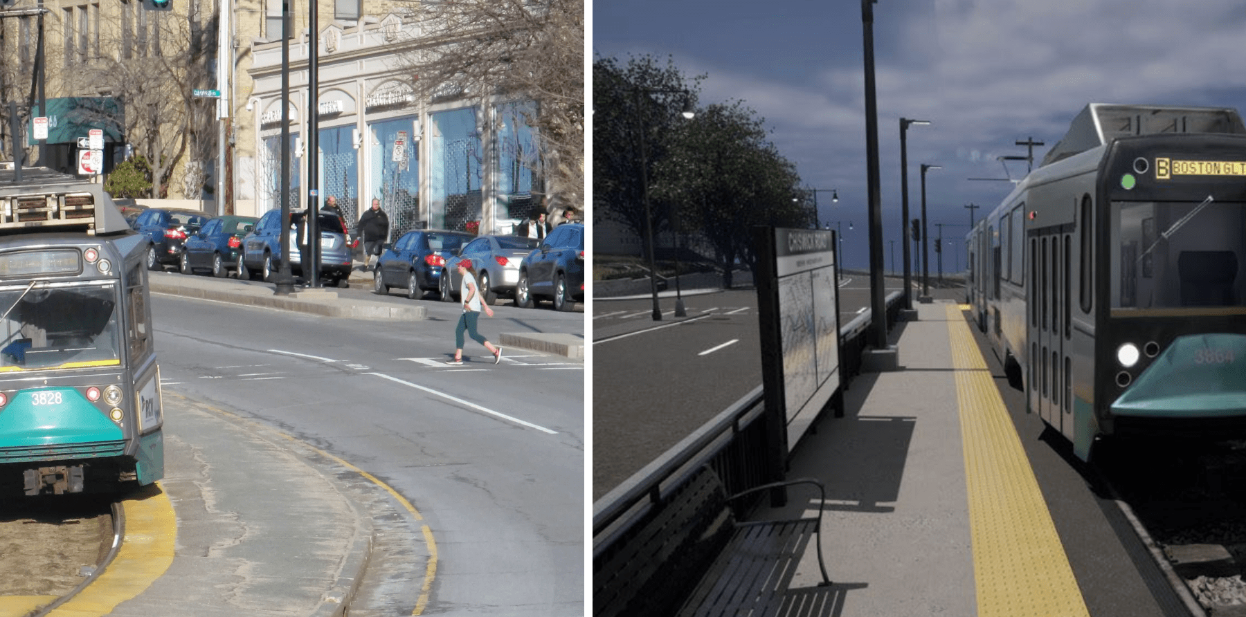 Two images side-by-side show a green line train at a platform. The left image is a photo of a train next to a broken, narrow asphalt platform in the median of a multi-lane roadway as a pedestrian crosses in a crosswalk towards it. The right image is a rendering of a wider platform with benches, lights, and wayfinding signage and a fence that protects the platform from the adjacent roadway.