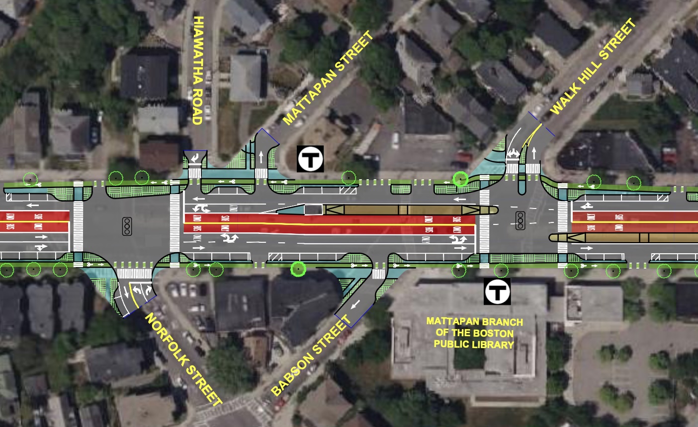 A satellite view of Blue Hill Avenue near the Mattapan branch library and the intersection of Walk Hill Street, which comes in diagonally from the upper right corner of the image. An overlay over the satellite image shows the MBTA and City of Boston plan to redesign Blue Hill Ave with two center-running bus lanes with two boarding platforms on either side of the Walk Hill intersection. Green bike lanes run along the sidewalk on both curbs, and green hatched areas indicate places where the project would replace asphalt with new landscaping and trees.