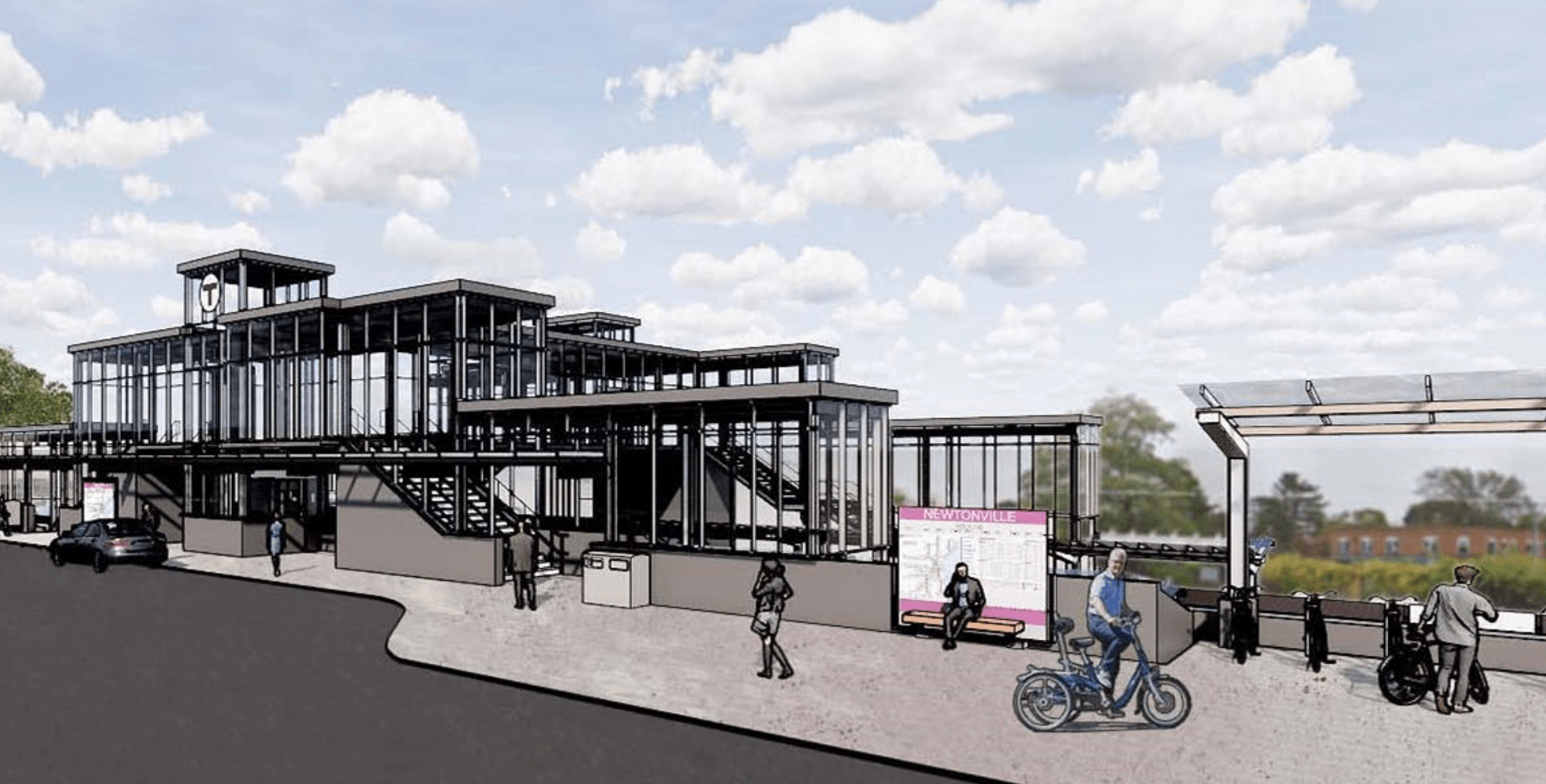 A rendering of a new MBTA station at Newtonville, with pedestrians and people on bikes waiting on a wide sidewalk outside a glass-and-steel structure