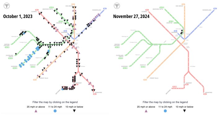 A side-by-side comparison of the MBTA subway system diagram with icons marking slow zones in October 1 2023 (left) and Nov. 27, 2024 (right). The left map is crowded with over 200 slow zone icons; the right map has only two slow zones marked, in the downtown segment of the Green Line