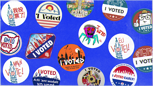 A collage of various "I Voted" stickers in different designs and languages, set against a blue background. The stickers represent diverse voting expressions from different regions and communities.