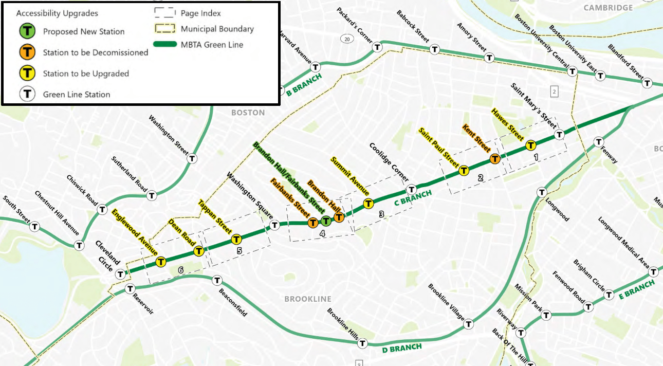 A map of Brookline and the four branches of the Green Line, with the C branch in the center running from Cleveland Circle at lower left to Kenmore Square at upper right.