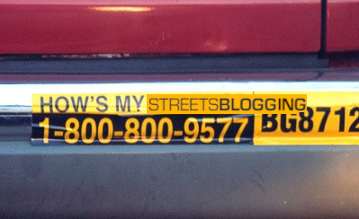 A photoshopped close-up of a "How's My Driving" bumper sticker amended to read "How's My Streetsblogging?"