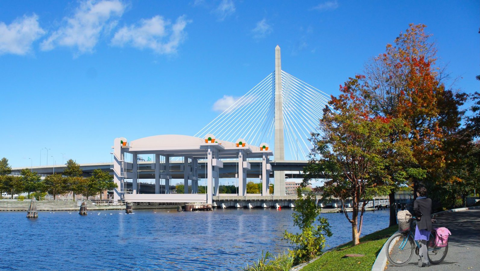 A view of the Charles River with the Zakim cable-stayed bridge on the horizon and a shorter group of three drawbridges in the foreground.