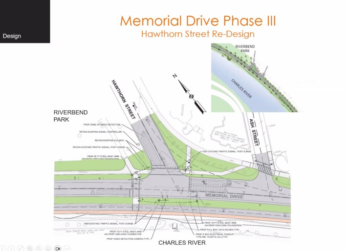 A plan drawing of the Memorial Drive intersection with Hawthorn Street, which would be redesigned as a "t"-shaped intersection to replace the curved high-speed off-ramp that exists today.