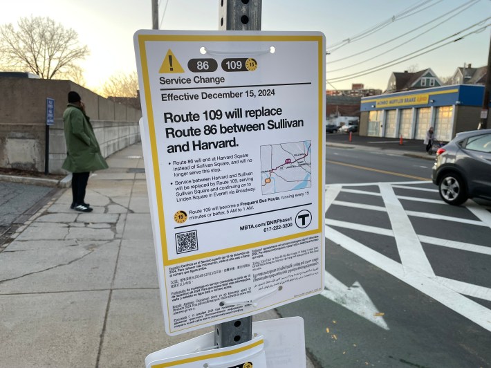 A flyer announces "Service change effective December 15, 2024" under ovals with the numbers 86 and 109. Text under the heading declares "Route 109 will replace Route 86 between Sullivan and Harvard" above a map of the new route in East Somerville.